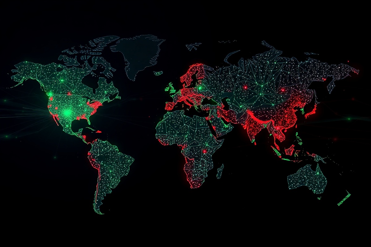 ServerScout latency kaart met gekleurde regio's die pingtijden tonen naar clusters in Europa, Noord-Amerika en Azië, inclusief tooltips met jitter statistieken