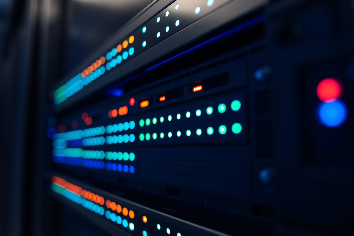 Server-rack met monitoring-panelen die uptime-statistieken voor gaming-hosts tonen