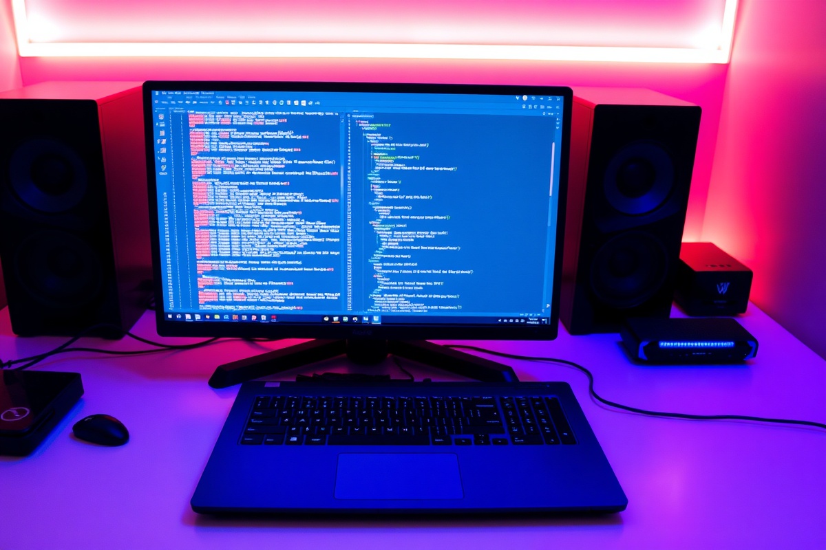 Gaming-setup met meerdere monitoren die serverstatusdashboards tonen